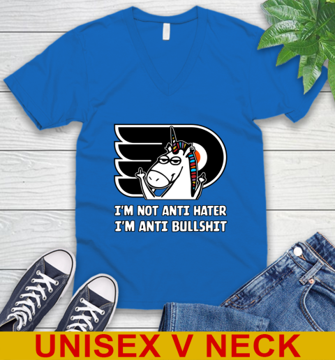 Philadelphia Flyers NHL Hockey Unicorn I'm Not Anti Hater I'm Anti Bullshit V-Neck T-Shirt 6
