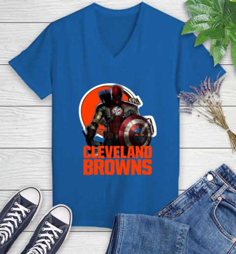 NFL Captain America Thor Spider Man Hawkeye Avengers Endgame Football Cleveland Browns Women's V-Neck T-Shirt 10