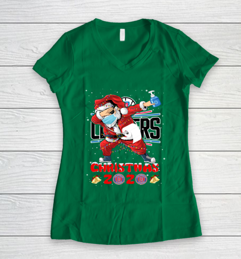 LA Clippers Funny Santa Claus Dabbing Christmas 2020 NBA Women's V-Neck T-Shirt 3