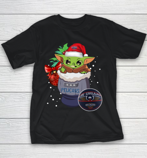 New Orleans Pelicans Christmas Baby Yoda Star Wars Funny Happy NBA Youth T-Shirt 2