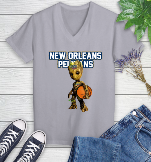 New Orleans Pelicans NBA Basketball Groot Marvel Guardians Of The Galaxy Women's V-Neck T-Shirt 4