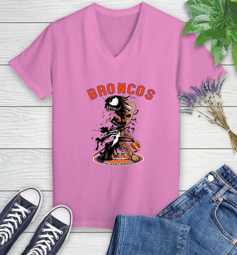 NFL Denver Broncos Football Venom Groot Guardians Of The Galaxy Women's V-Neck T-Shirt 14