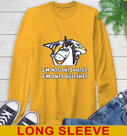 Nashville Predators NHL Hockey Unicorn I'm Not Anti Hater I'm Anti Bullshit Long Sleeve T-Shirt 3