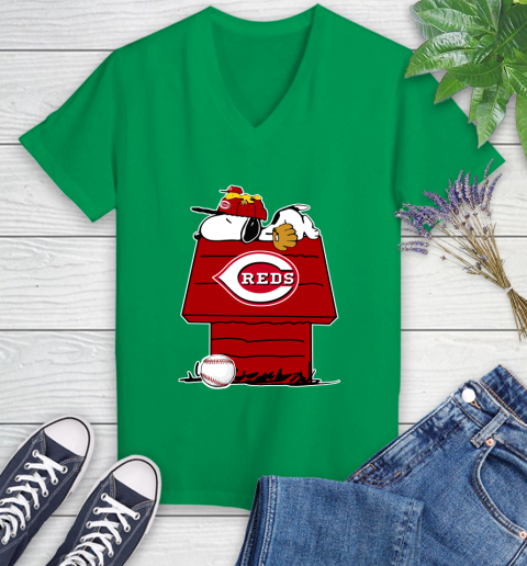 MLB Cincinnati Reds Snoopy Woodstock The Peanuts Movie Baseball T Shirt Women's V-Neck T-Shirt 5