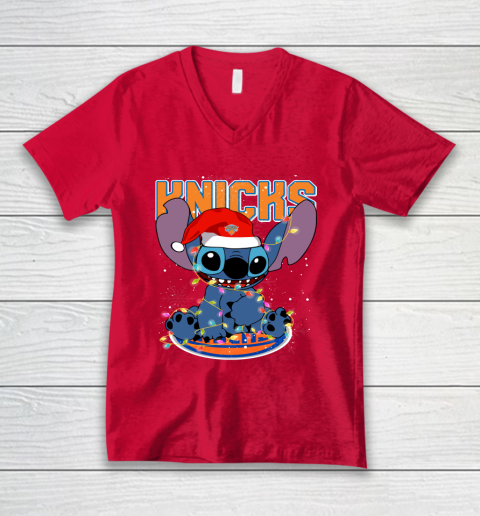 New York Knicks NBA noel stitch Basketball Christmas V-Neck T-Shirt 3