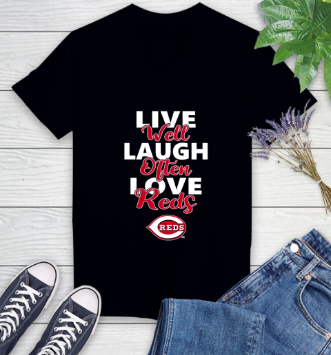 MLB Baseball Cincinnati Reds Live Well Laugh Often Love Shirt Women's V-Neck T-Shirt
