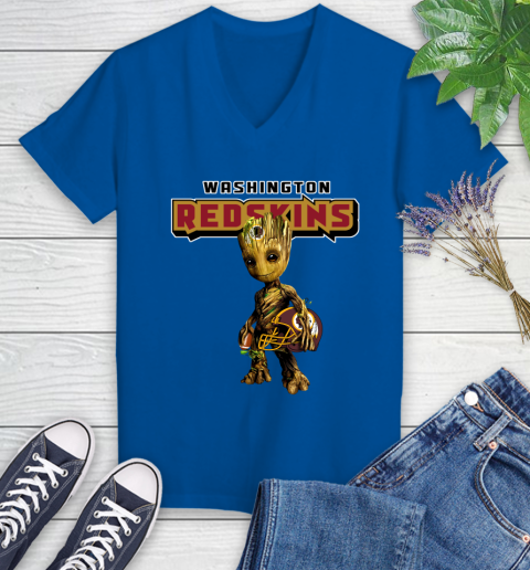 Washington Redskins NFL Football Groot Marvel Guardians Of The Galaxy Women's V-Neck T-Shirt 10