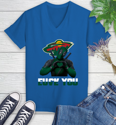 NHL Minnesota Wild Deadpool Love You Fuck You Hockey Sports Women's V-Neck T-Shirt 10