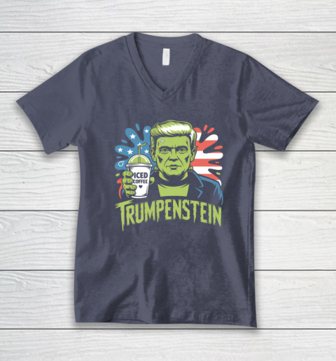 Trumpenstein Funny Iced Coffee Drink Halloween 4th of July USA Flag V-Neck T-Shirt 6