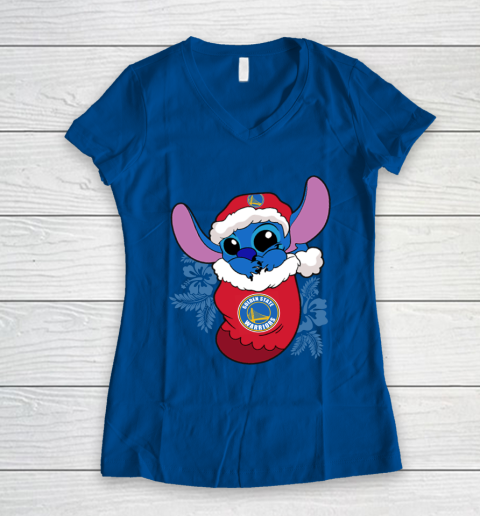Golden State Warriors Christmas Stitch In The Sock Funny Disney NBA Women's V-Neck T-Shirt 9
