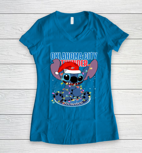 Oklahoma City Thunder NBA noel stitch Basketball Christmas Women's V-Neck T-Shirt 4