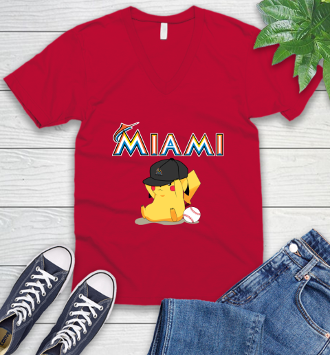 MLB Pikachu Baseball Sports Miami Marlins V-Neck T-Shirt 7