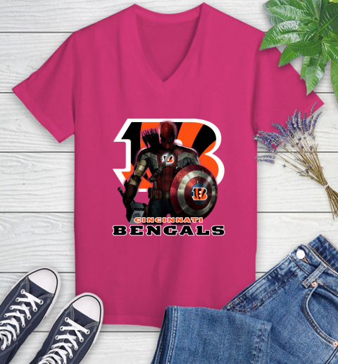 NFL Captain America Thor Spider Man Hawkeye Avengers Endgame Football Cincinnati Bengals Women's V-Neck T-Shirt 9