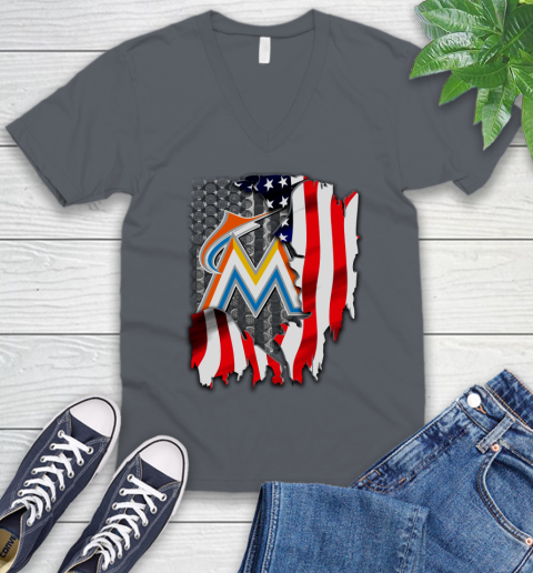 Miami Marlins MLB Baseball American Flag V-Neck T-Shirt 4