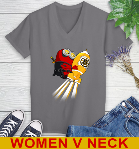 NHL Hockey Boston Bruins Deadpool Minion Marvel Shirt Women's V-Neck T-Shirt 11