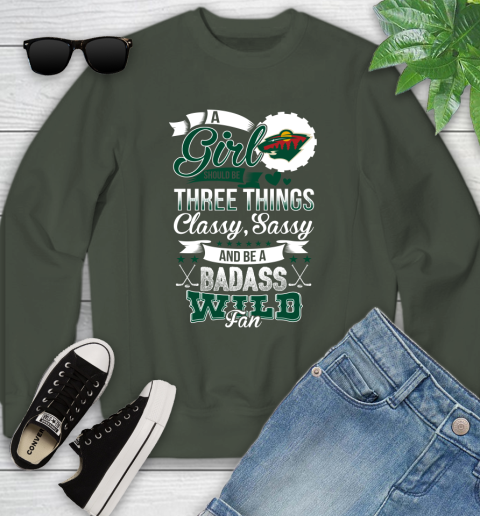Minnesota Wild NHL Hockey A Girl Should Be Three Things Classy Sassy And A Be Badass Fan Youth Sweatshirt 9