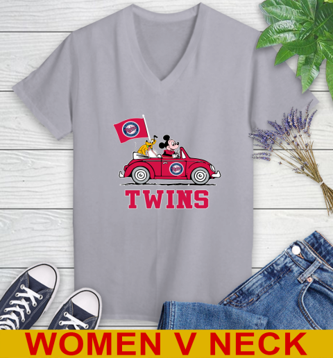 MLB Baseball Minnesota Twins Pluto Mickey Driving Disney Shirt Women's V-Neck T-Shirt 5