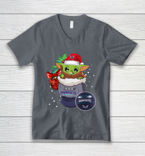 Charlotte Hornets Christmas Baby Yoda Star Wars Funny Happy NBA V-Neck T-Shirt 5