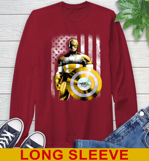 Nashville Predators NHL Hockey Captain America Marvel Avengers American Flag Shirt Long Sleeve T-Shirt 9