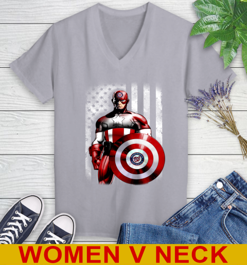 Washington Nationals MLB Baseball Captain America Marvel Avengers American Flag Shirt Women's V-Neck T-Shirt 4