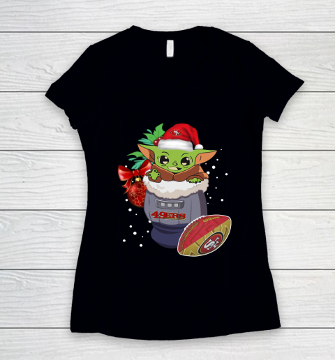San Francisco 49ers Christmas Baby Yoda Star Wars Funny Happy NFL Women's V-Neck T-Shirt