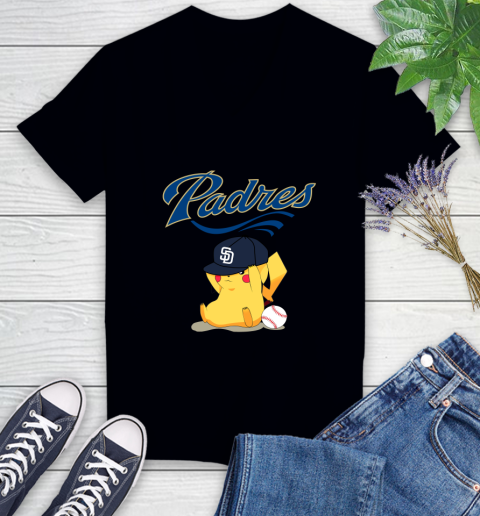MLB Pikachu Baseball Sports San Diego Padres Women's V-Neck T-Shirt 2