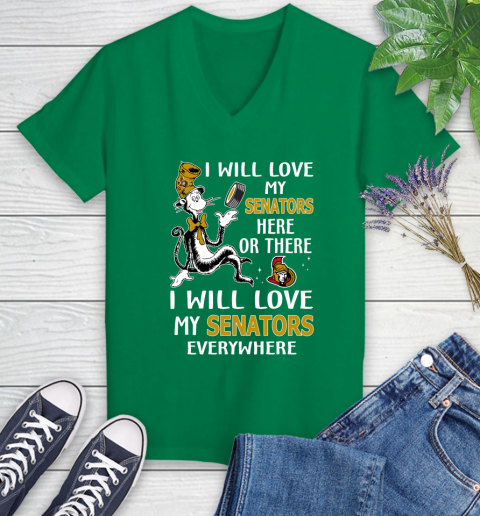 NHL Hockey Ottawa Senators I Will Love My Senators Everywhere Dr Seuss Shirt Women's V-Neck T-Shirt 4