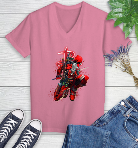 NBA Deadpool Marvel Comics Sports Basketball Houston Rockets Women's V-Neck T-Shirt 13