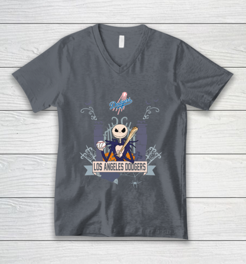 MLB Los Angeles Dodgers Baseball Jack Skellington Halloween V-Neck T-Shirt 4