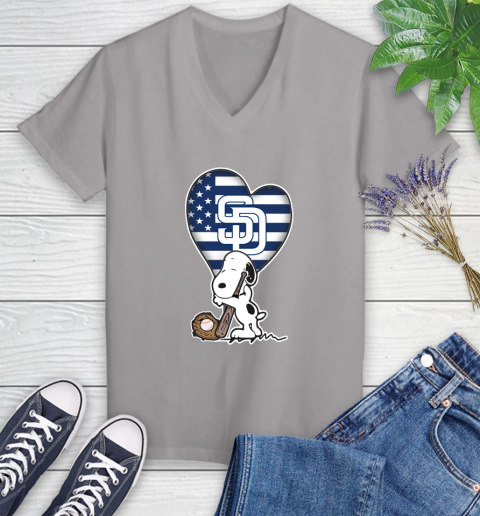 San Diego Padres MLB Baseball The Peanuts Movie Adorable Snoopy Women's V-Neck T-Shirt 4