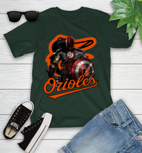 MLB Captain America Thor Spider Man Hawkeye Avengers Endgame Baseball Baltimore Orioles Youth T-Shirt 5