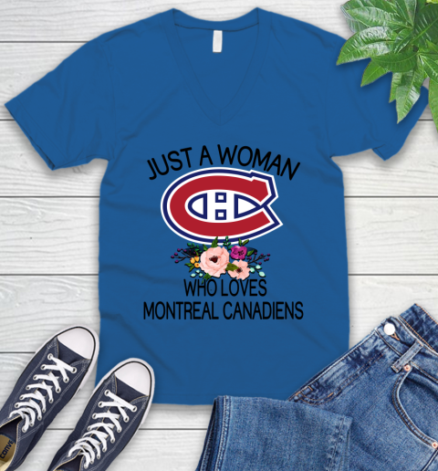 NHL Just A Woman Who Loves Montreal Canadiens Hockey Sports V-Neck T-Shirt 3