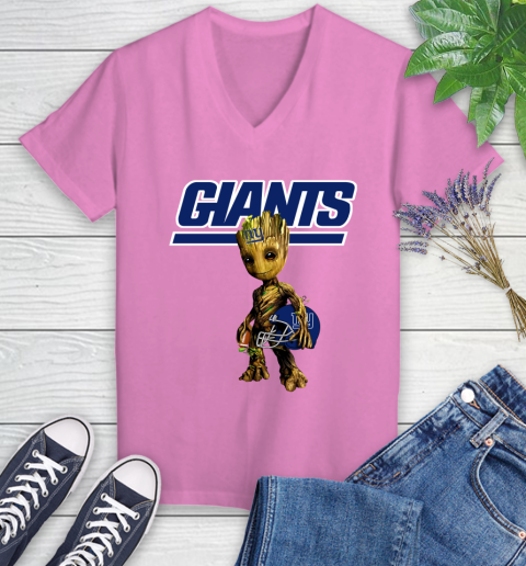 New York Giants NFL Football Groot Marvel Guardians Of The Galaxy Women's V-Neck T-Shirt 14