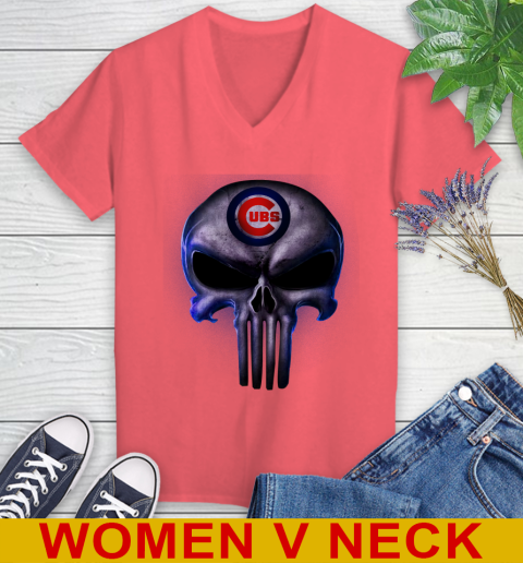 Chicago Cubs MLB Baseball Punisher Skull Sports Women's V-Neck T-Shirt 6