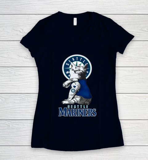 MLB Baseball My Cat Loves Seattle Mariners Women's V-Neck T-Shirt 2