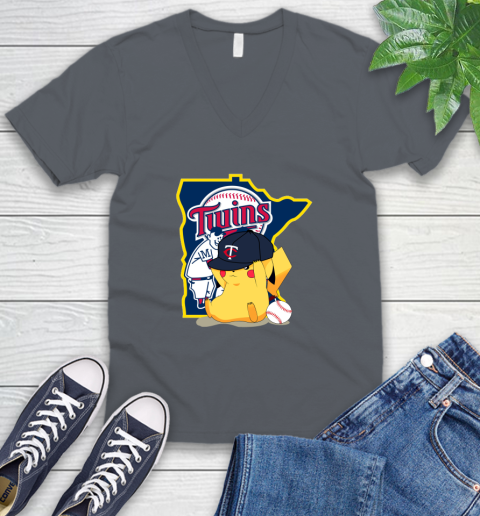 MLB Pikachu Baseball Sports Minnesota Twins V-Neck T-Shirt 5
