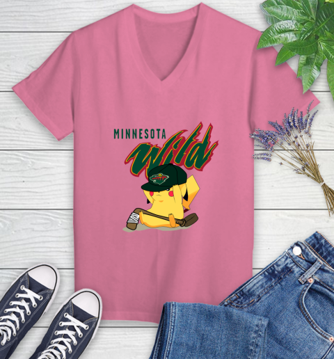 NHL Pikachu Hockey Sports Minnesota Wild Women's V-Neck T-Shirt 13