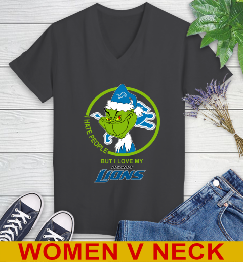 Detroit Lions NFL Christmas Grinch I Hate People But I Love My Favorite Football Team Women's V-Neck T-Shirt 9