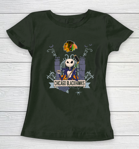 NHL Chicago Blackhawks Hockey Jack Skellington Halloween Women's T-Shirt 4