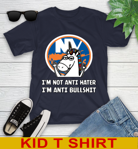 New York Islanders NHL Hockey Unicorn I'm Not Anti Hater I'm Anti Bullshit Youth T-Shirt 3
