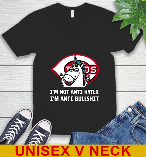 Cincinnati Reds MLB Baseball Unicorn I'm Not Anti Hater I'm Anti Bullshit V-Neck T-Shirt 2