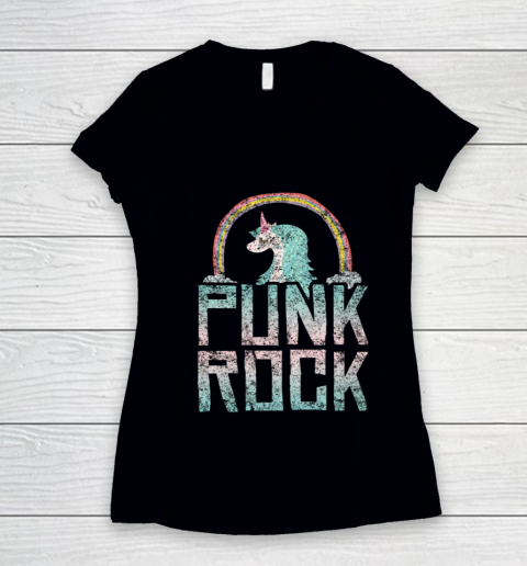 Punk Rock Music Band Unicorn Rainbow Distressed Women's V-Neck T-Shirt