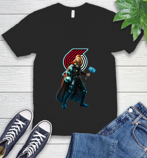 NBA Thor Avengers Endgame Basketball Portland Trail Blazers V-Neck T-Shirt 2