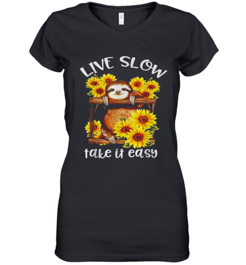 Sunflower Sloth Live Slow Take It Easy Women's V-Neck T-Shirt
