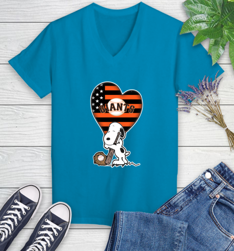 San Francisco Giants MLB Baseball The Peanuts Movie Adorable Snoopy Women's V-Neck T-Shirt 7