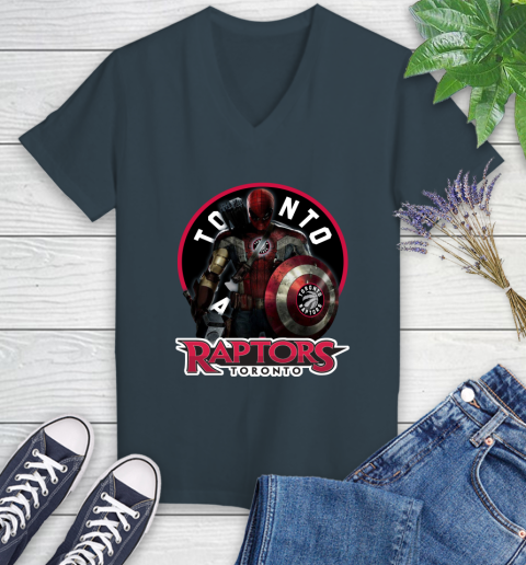 Toronto Raptors NBA Basketball Captain America Thor Spider Man Hawkeye Avengers Women's V-Neck T-Shirt 8