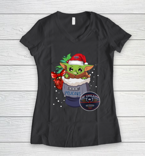 New Orleans Pelicans Christmas Baby Yoda Star Wars Funny Happy NBA Women's V-Neck T-Shirt 8