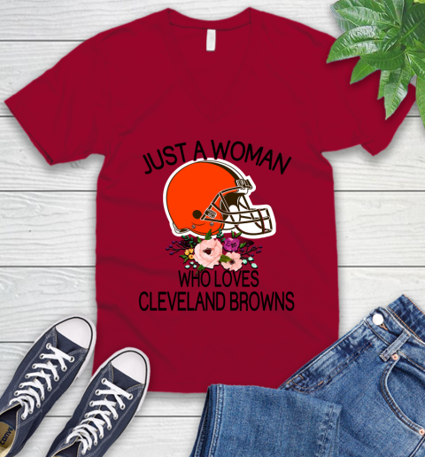 NFL Just A Woman Who Loves Cleveland Browns Football Sports V-Neck T-Shirt 5