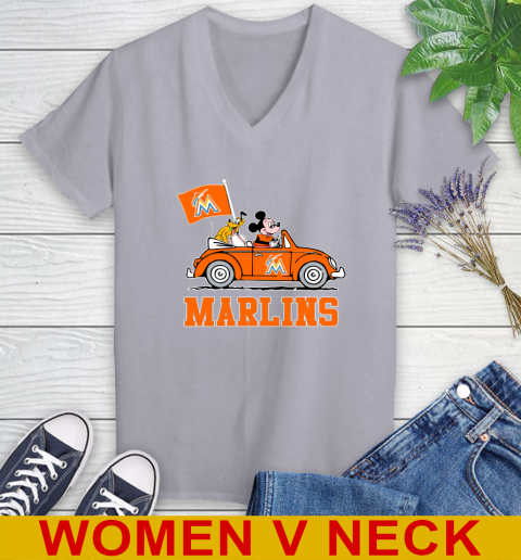 MLB Baseball Miami Marlins Pluto Mickey Driving Disney Shirt Women's V-Neck T-Shirt 5