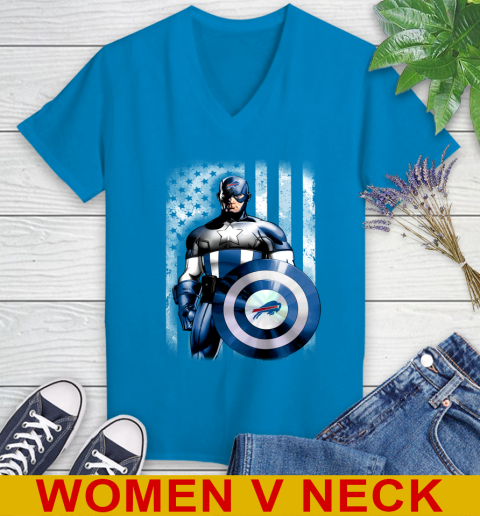 Buffalo Bills NFL Football Captain America Marvel Avengers American Flag Shirt Women's V-Neck T-Shirt 7